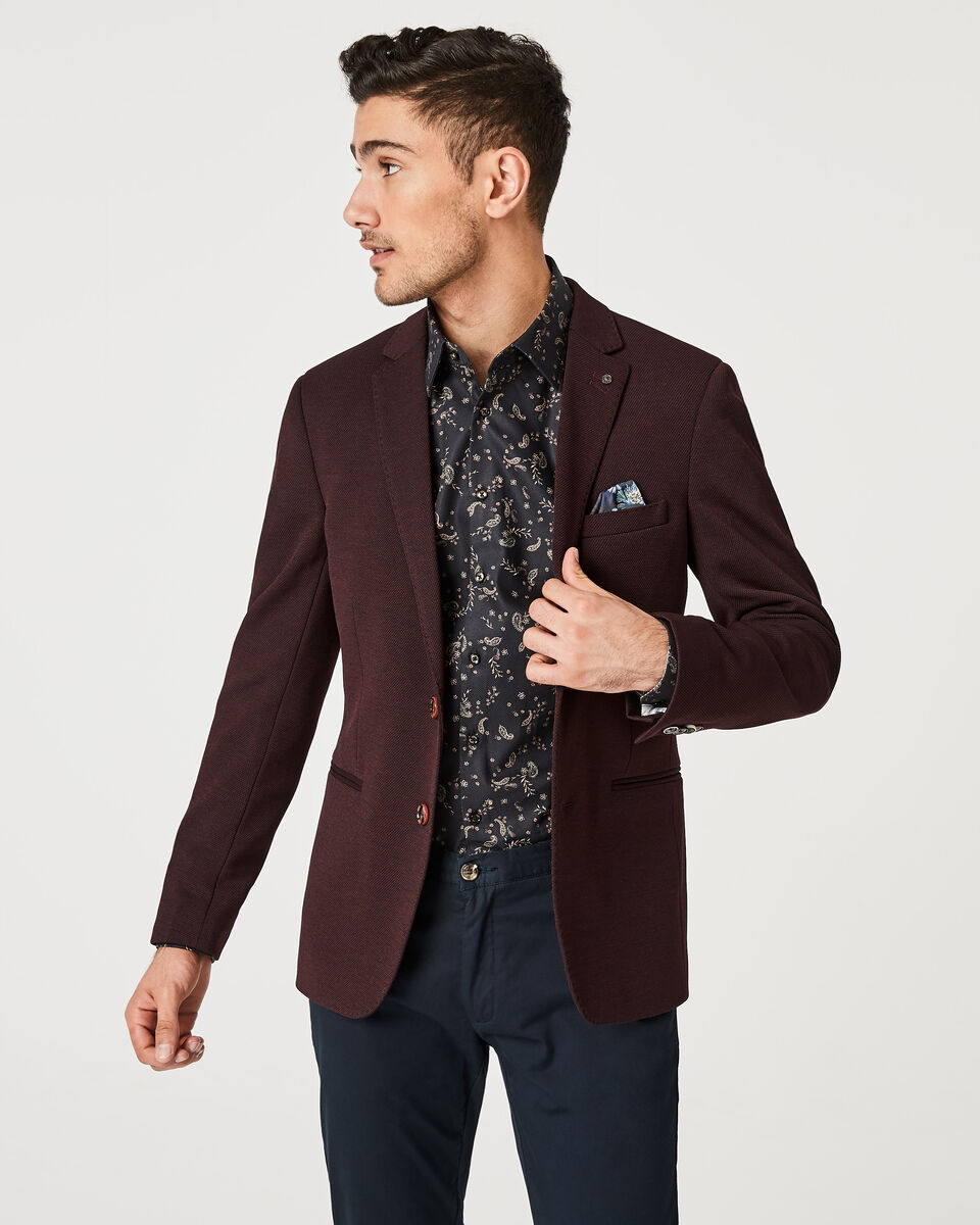 Slim Stretch Knitted Tailored Blazer, Dark Burgundy, hi-res